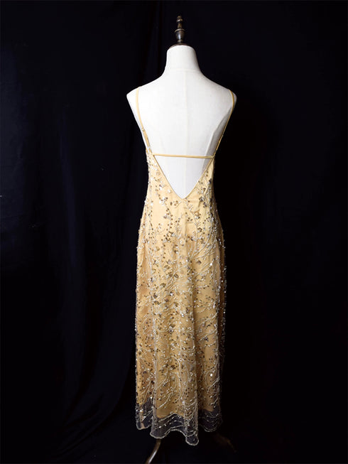 Gold Glitter Maxi Dress with Spaghetti Straps - Gold Embellished Gown Plus Size